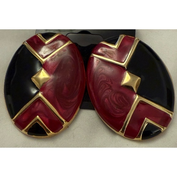 80’s Vintage Statement Black and Red Earrings with Gold Accents - Picture 1 of 5
